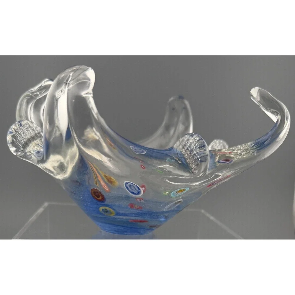 Vintage Murano Style Millefiori Art Glass Bowl Blue Hand Blown Italian 7